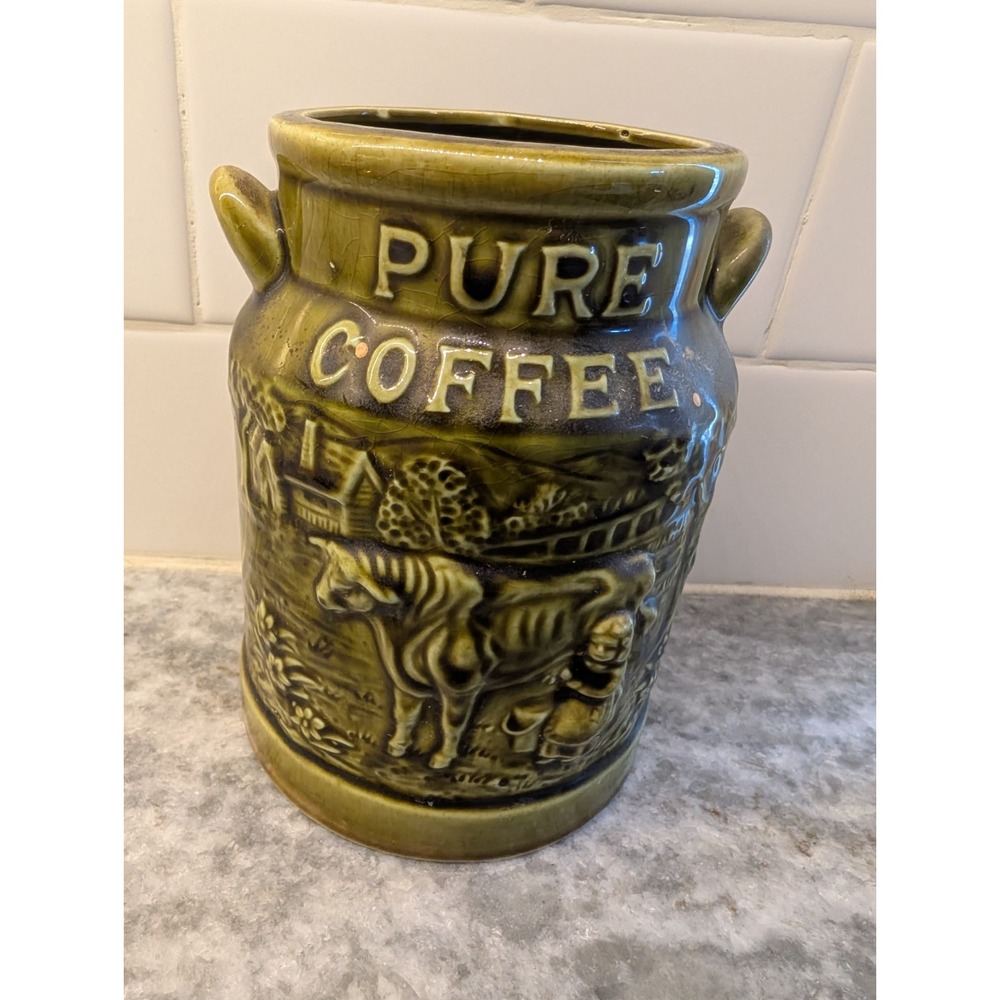 VINTAGE‎ CERAMIC GREEN COFFEE CANISTER W/ LID